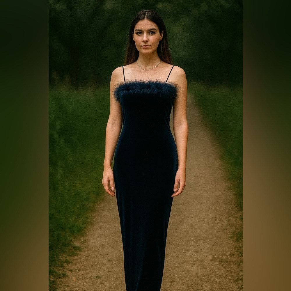 Vintage 90s Y2K Roberta Velvet Maxi Dress Gown Marabou Feather Trim Navy Blue M